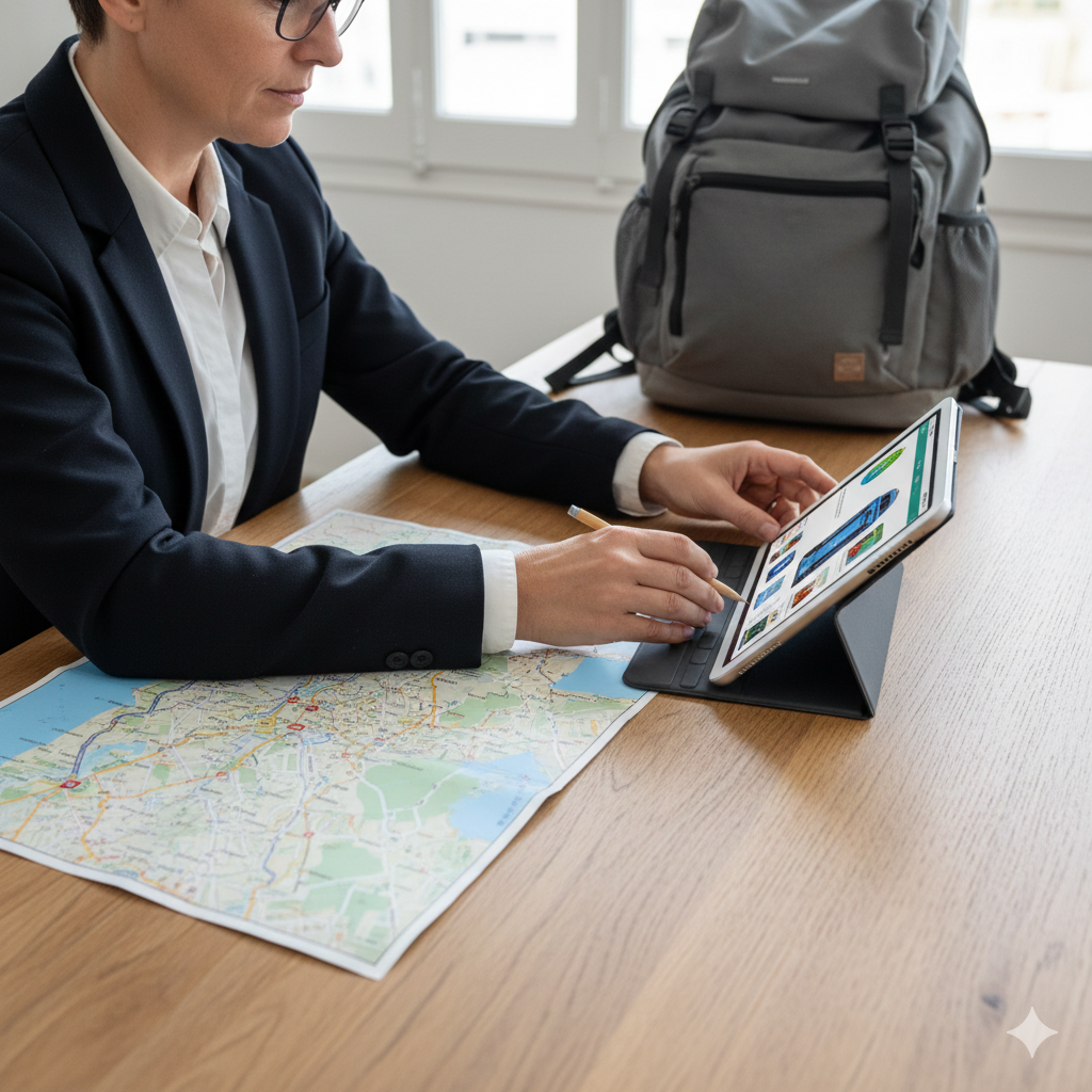 Persona adulta planificando un viaje responsable con mapa y tablet.