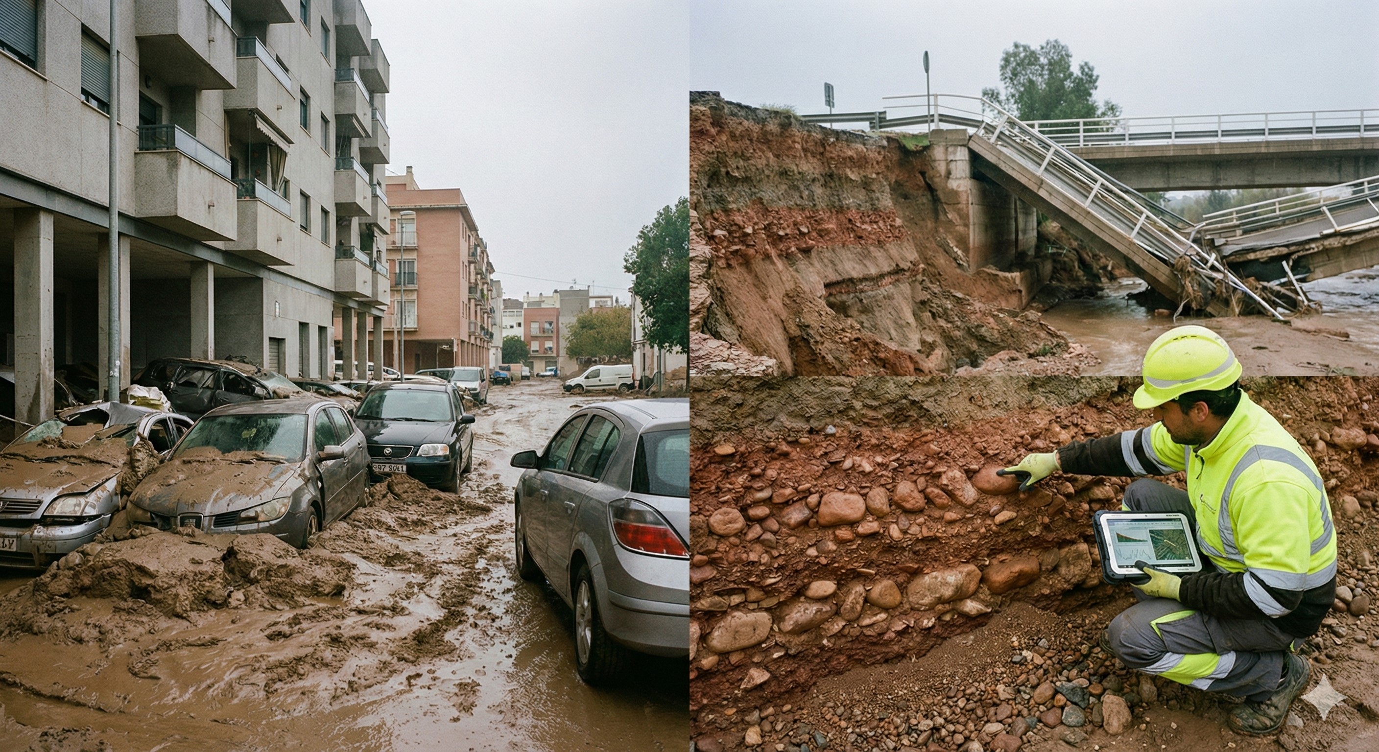 Efectos de una inundación, con un geólogo tomando nota del terreno