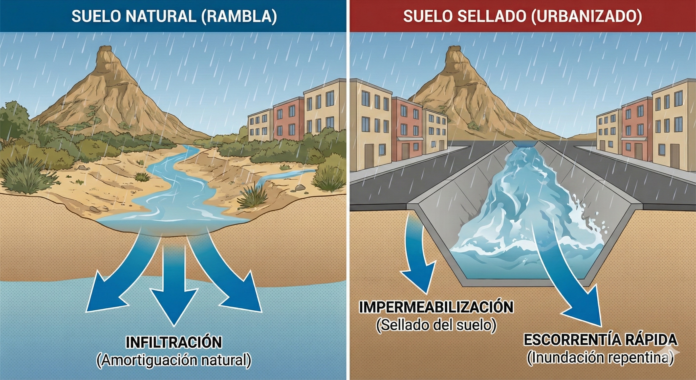 Infiltración a través del suelo de una rambla frente a la escorrentía de una rambla impermeabilizada