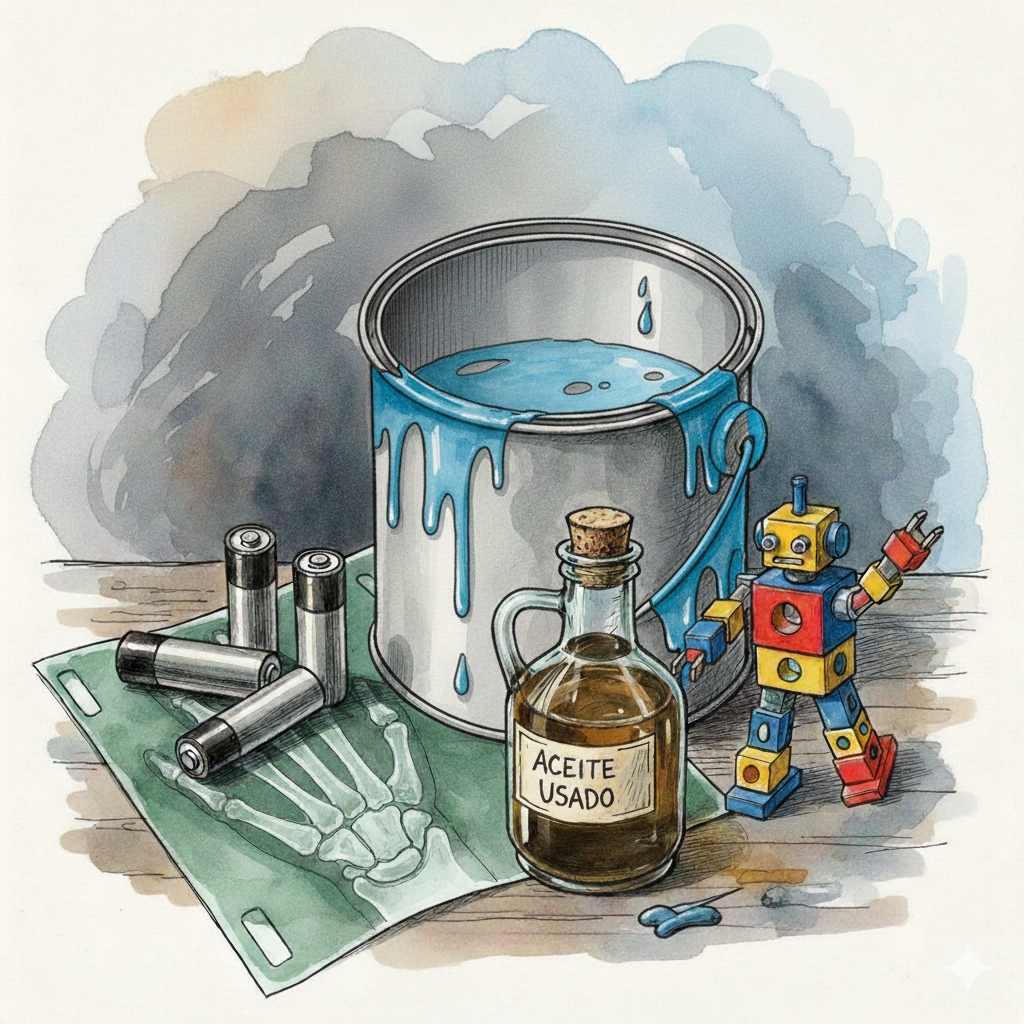 Dibujo de un bote de pintura vacío, jueguete de un robo, pilas, radiografía y botella de aceite usado sobre una mesa