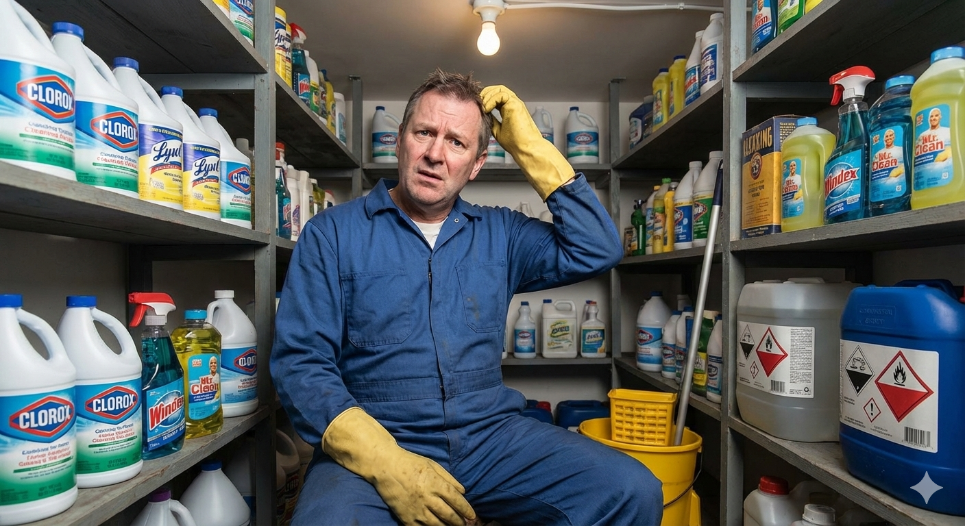 Retrato de hombre con productos químicos yde limpieza sobre una mesa