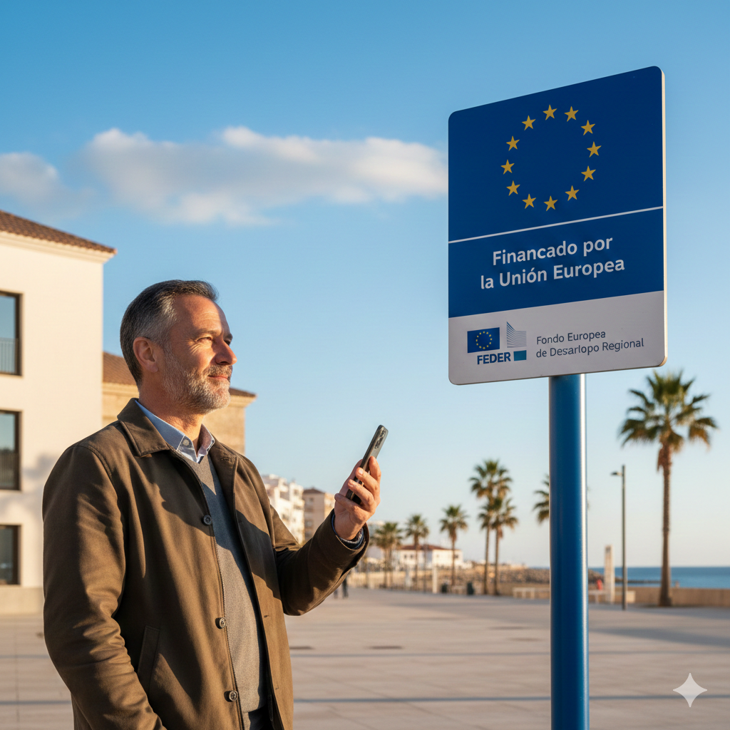 Cartel anunciador de obra pública financiada por la UE