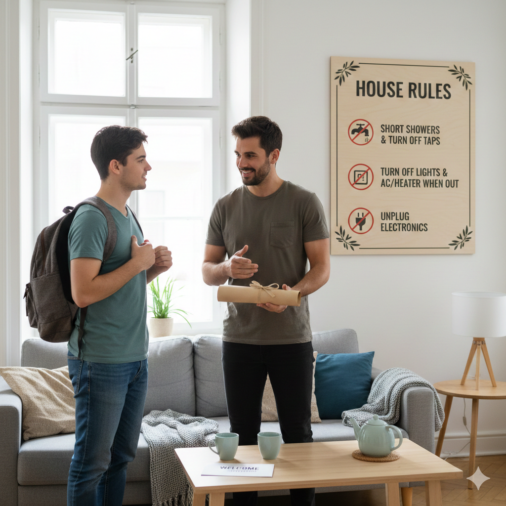 Imagina la siguiente situación: vas a recibir una visita en casa por unos días. Puede ser un estudiante de intercambio, un pariente lejano o un turista al que le alquilas una habitación. Esta persona no habla español, solo inglés.  Como buen anfitrión, quieres que se sienta cómodo, pero también te preocupa que tu factura de la luz y el agua se dispare. Necesitas explicarle de forma amable pero muy clara las "Normas de la Casa" (House Rules) para mantener el consumo bajo control. Tu objetivo no es ser antipático, sino ser un mediador eficaz: conseguir que tu invitado colabore en el ahorro doméstico.