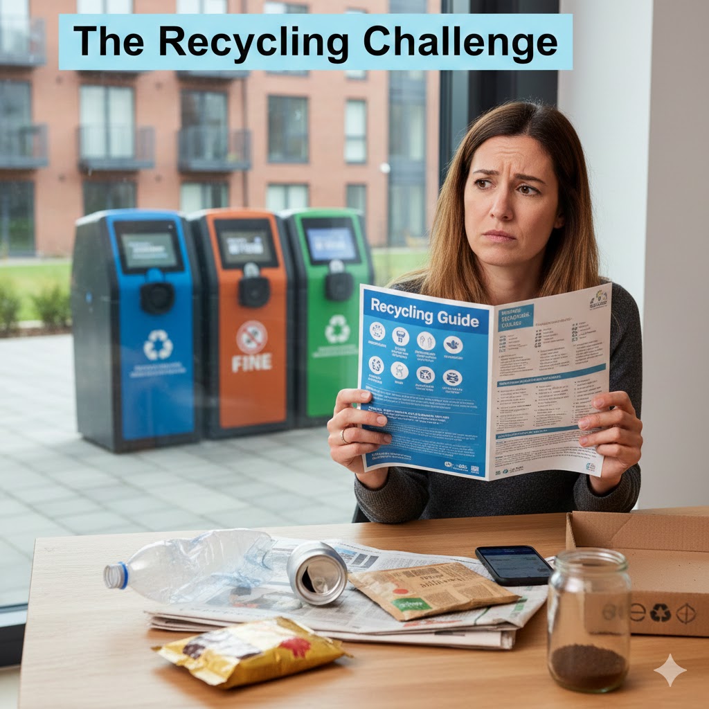 Una mujer confundida analiza una "Recycling Guide" frente a varios residuos domésticos, con modernos contenedores inteligentes visibles al fondo. La imagen captura el reto de descifrar instrucciones en inglés para reciclar correctamente.