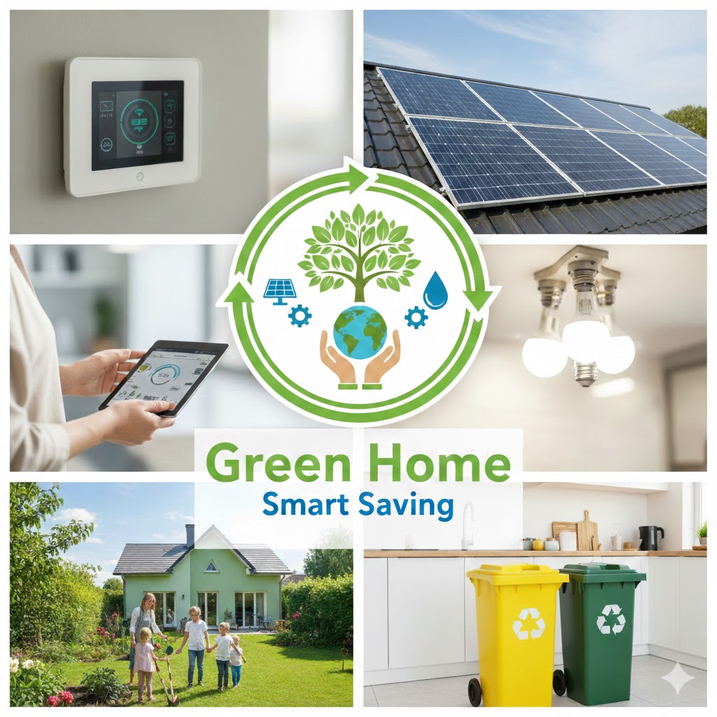 Collage educativo sobre sostenibilidad titulado "Green Home: Smart Saving". Muestra un logotipo central con un árbol y el planeta Tierra, rodeado de imágenes de paneles solares, domótica para el ahorro energético, reciclaje en casa, iluminación LED y una familia cuidando un huerto.