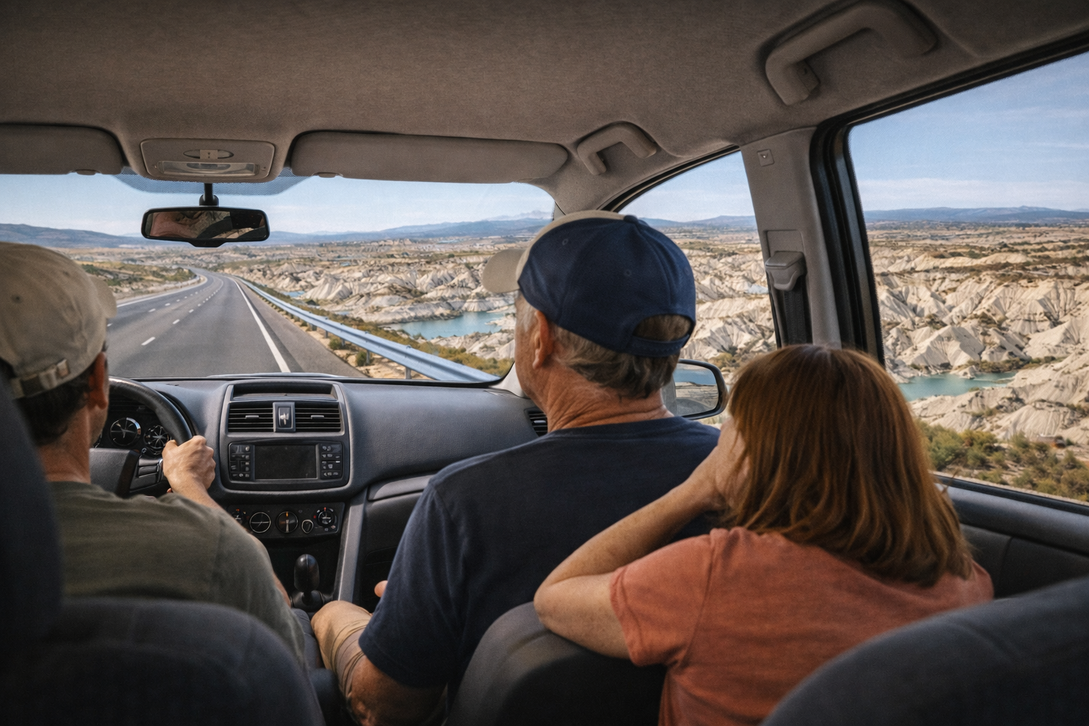 Personas adultas observando el paisaje desde el coche