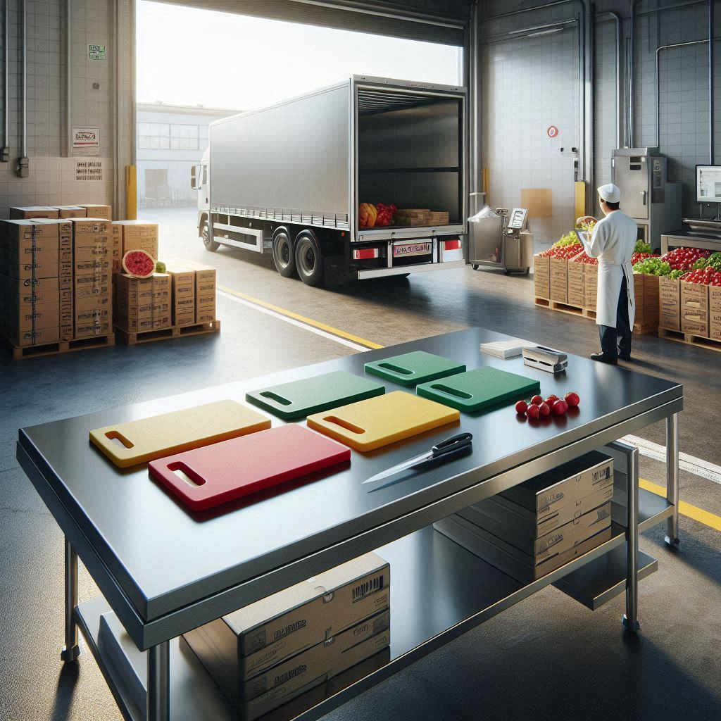 Fotografía de una cocina industrial moderna y luminosa. En primer plano, sobre una mesa de trabajo de acero inoxidable impecable, se muestran varias tablas de corte organizadas por el código de colores sanitario (rojo para carnes, verde para vegetales y amarillo para aves). Al fondo, se observa a un profesional de cocina con uniforme blanco reglamentario supervisando la entrada de mercancía fresca desde un vehículo de transporte, garantizando el mantenimiento de la cadena de frío y el orden en el entorno de trabajo. La escena transmite un ambiente de máxima higiene, seguridad alimentaria y profesionalidad técnica."