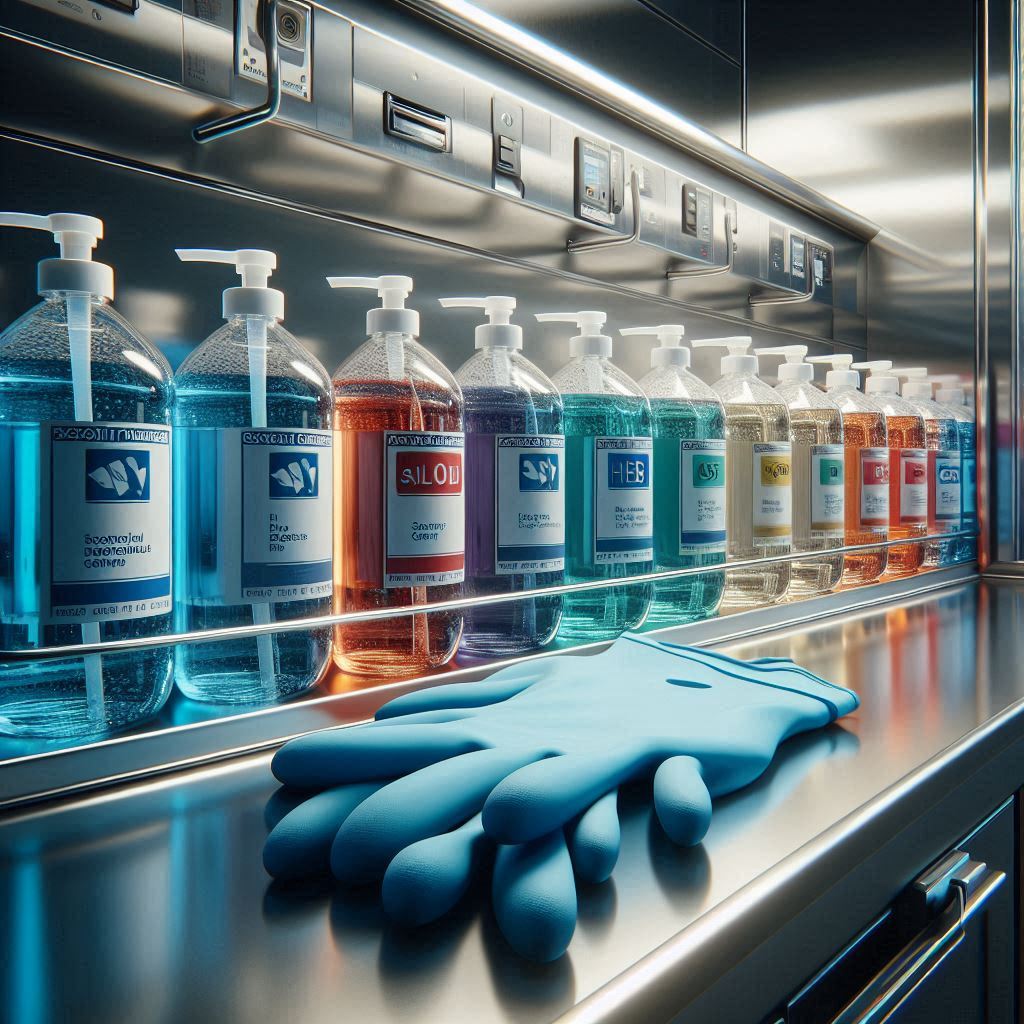 Una fotografía detallada de primer plano en una zona de esterilización de una cocina profesional. El foco está en un estante de acero inoxidable recién instalado que sostiene botellas de productos químicos de limpieza de grado profesional. Las botellas tienen etiquetas de seguridad brillantes, claras y modernas con una codificación de colores distintiva (por ejemplo, azul para superficies, rojo para desengrasado pesado). Junto a ellas, son visibles un par de guantes de nitrilo azules de alta resistencia y un gráfico de protocolo de limpieza plastificado. El fondo muestra superficies de cocina borrosas pero limpias, sugiriendo el comienzo de un proceso de desinfección riguroso y metódico. Iluminación clínica, brillante y estéril. Fotorrealista, profundidad de campo.